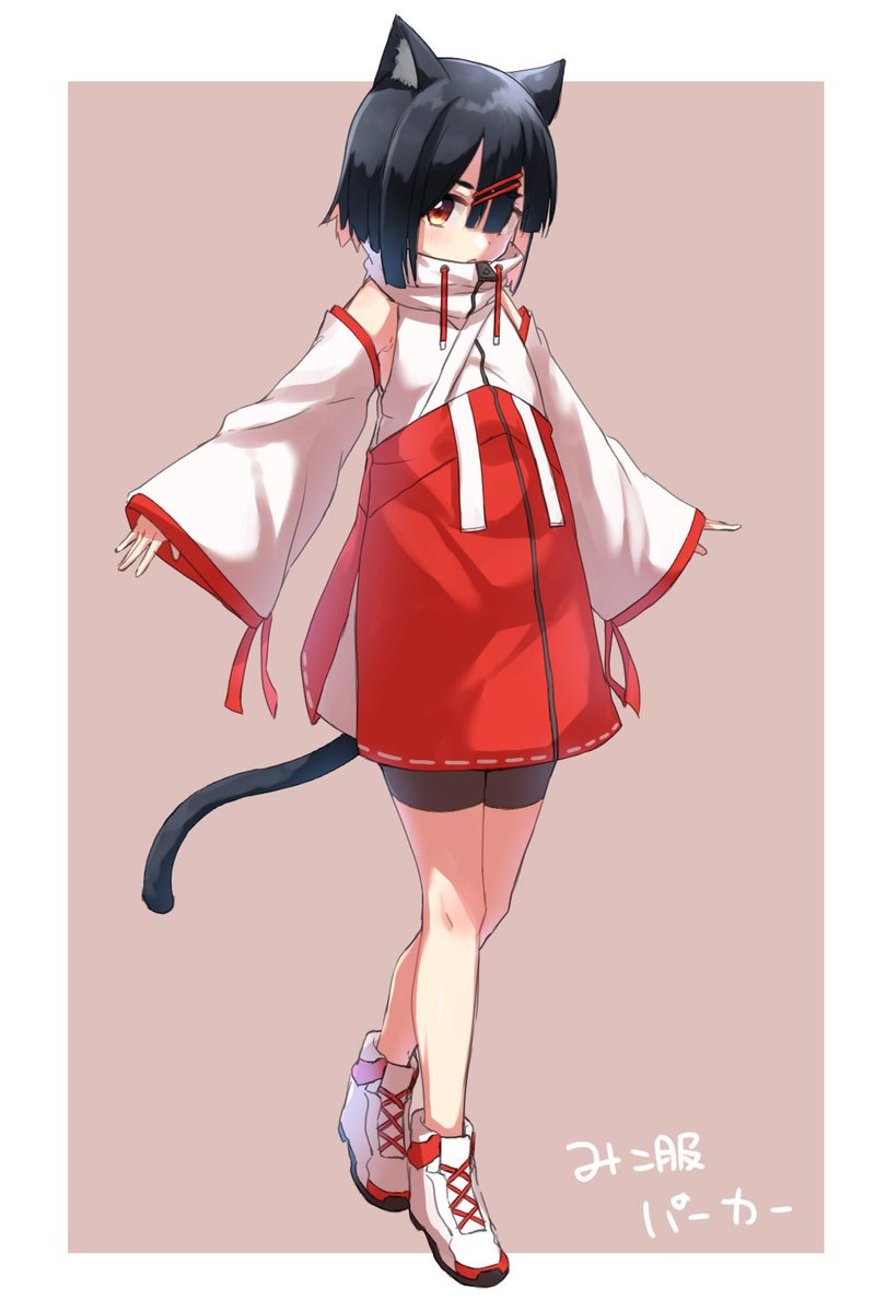 1girl :o animal_ears bangs black_hair black_shorts blush boots brown_background cat_ears cat_girl cat_tail commentary_request detached_sleeves hair_between_eyes hair_ornament hairclip highres long_sleeves looking_at_viewer minowa_sukyaru nontraditional_miko original parted_lips red_eyes red_skirt short_shorts shorts shorts_under_skirt skirt sleeveless sleeves_past_wrists solo tail translated two-tone_background white_background white_footwear wide_sleeves