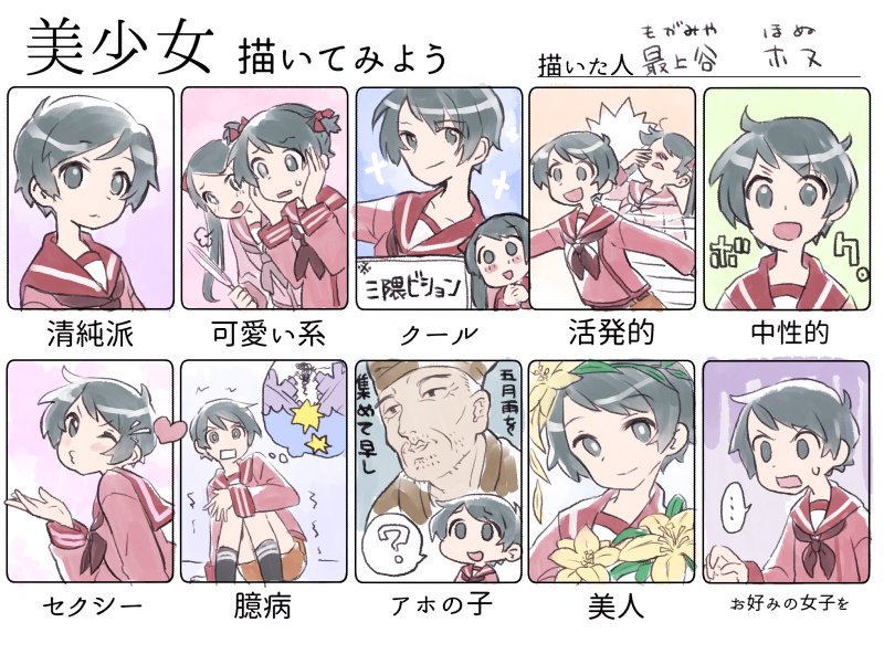 1boy 2girls ? bangs black_eyes black_hair black_legwear black_neckwear brown_shorts character_request chart commentary_request cowboy_shot expressions feet_out_of_frame kantai_collection kneehighs long_hair long_sleeves looking_at_viewer mikuma_(kantai_collection) mogami_(kantai_collection) mogamiya_honu multiple_girls multiple_views neckerchief open_mouth red_sailor_collar red_serafuku sailor_collar school_uniform serafuku short_hair shorts sitting spoken_question_mark swept_bangs translation_request twintails upper_body