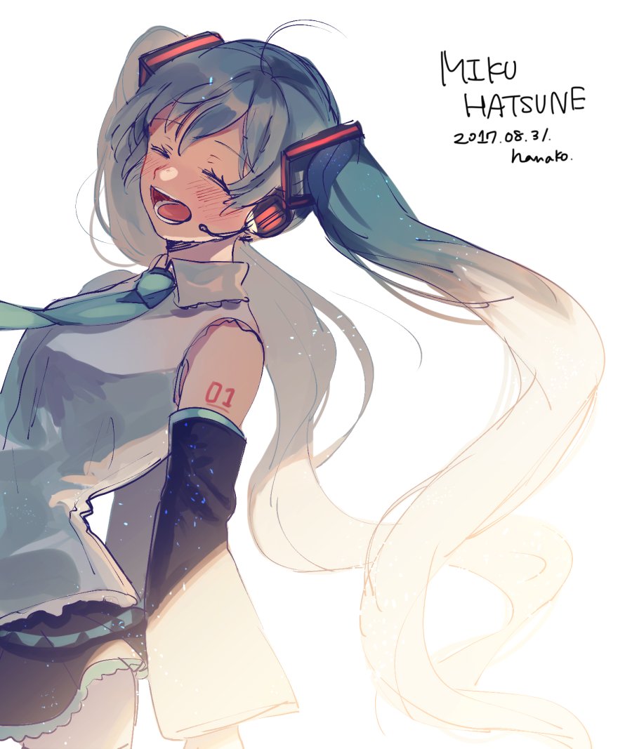 1girl 2017 :d ^_^ artist_name backlighting bare_shoulders black_skirt blue_hair blue_neckwear blush breasts character_name closed_eyes clothes_lift commentary dated detached_sleeves eyebrows_visible_through_hair eyelashes floating_hair hair_between_eyes hanako151 hatsune_miku headset light_particles long_hair medium_breasts necktie number_tattoo open_mouth shirt shoulder_tattoo simple_background skirt sleeveless sleeveless_shirt smile solo sunlight tattoo teeth twintails upper_body very_long_hair vocaloid white_background white_shirt