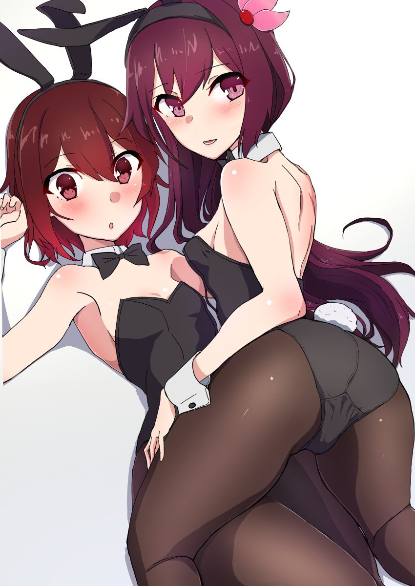 2girls all_fours animal_ears ass black_legwear black_leotard black_neckwear bow bowtie breasts brown_eyes brown_hair bunny_tail bunnysuit comala_(komma_la) commentary_request cowboy_shot detached_collar gradient_hair hair_ornament highres kantai_collection kisaragi_(kantai_collection) leotard long_hair looking_at_viewer lying multicolored_hair multiple_girls mutsuki_(kantai_collection) pantyhose rabbit_ears redhead school_uniform serafuku short_hair simple_background small_breasts strapless strapless_leotard tail violet_eyes white_background wrist_cuffs