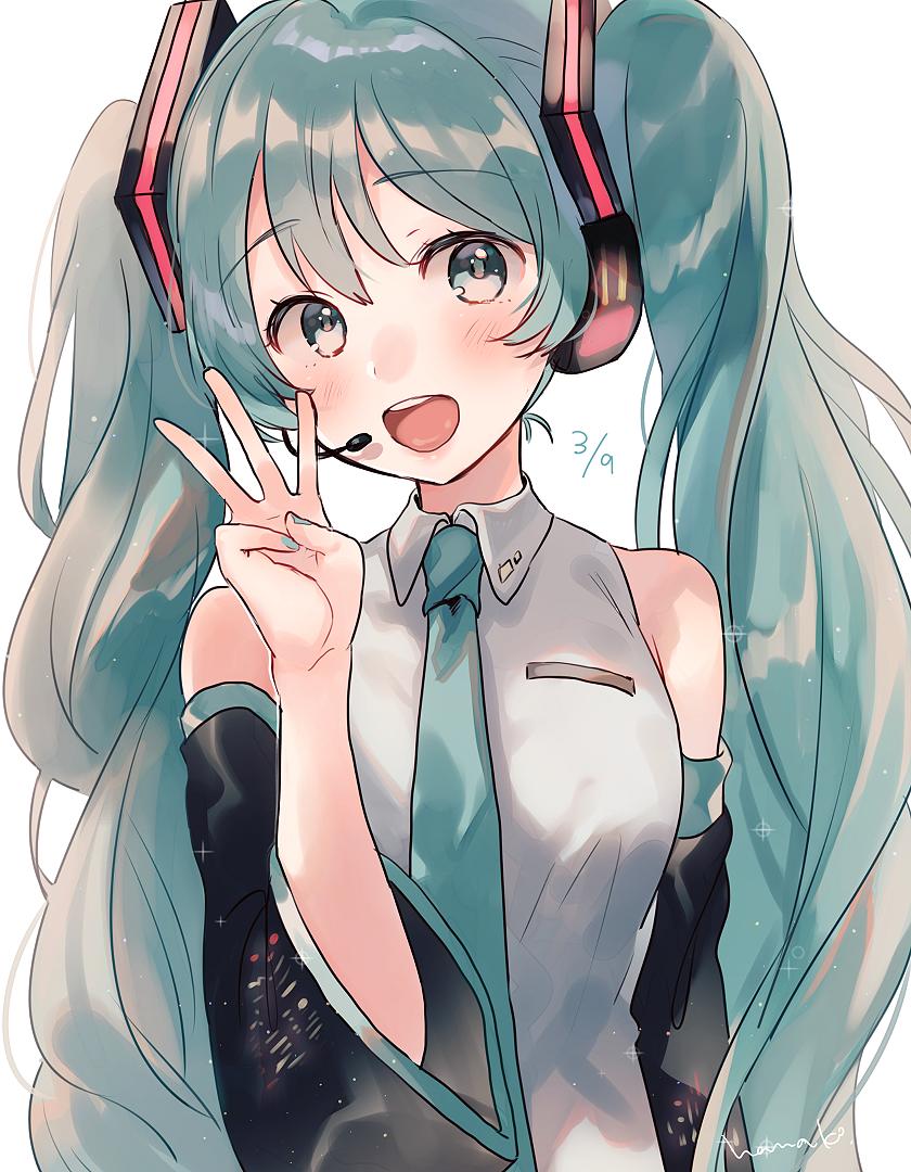 1girl 39 :d arm_at_side artist_name bangs bare_shoulders blue_eyes blue_hair blue_nails blush breast_pocket breasts detached_sleeves eyebrows_visible_through_hair fingernails hair_between_eyes hanako151 hand_up happy hatsune_miku headset light_particles long_hair looking_at_viewer number number_pun open_mouth pocket pun shirt simple_background sleeveless sleeveless_shirt small_breasts smile solo sparkle teeth twintails upper_body upper_teeth very_long_hair vocaloid w white_background white_shirt