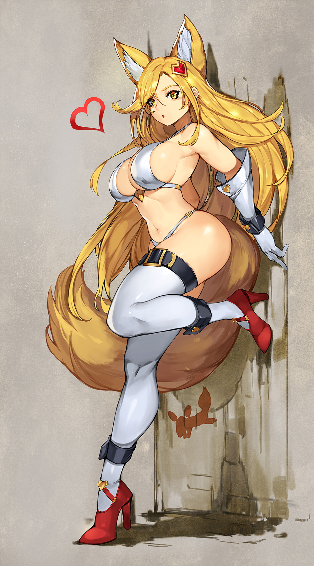 1girl animal_ears asymmetrical_hair bikini blonde_hair breasts fox_ears fox_girl fox_tail gloves gurimjang hair_ornament heart heart_hair_ornament high_heels highres large_breasts long_hair navel original red_footwear solo standing standing_on_one_leg swimsuit tail thigh-highs thigh_strap very_long_hair white_bikini white_gloves white_legwear yellow_eyes