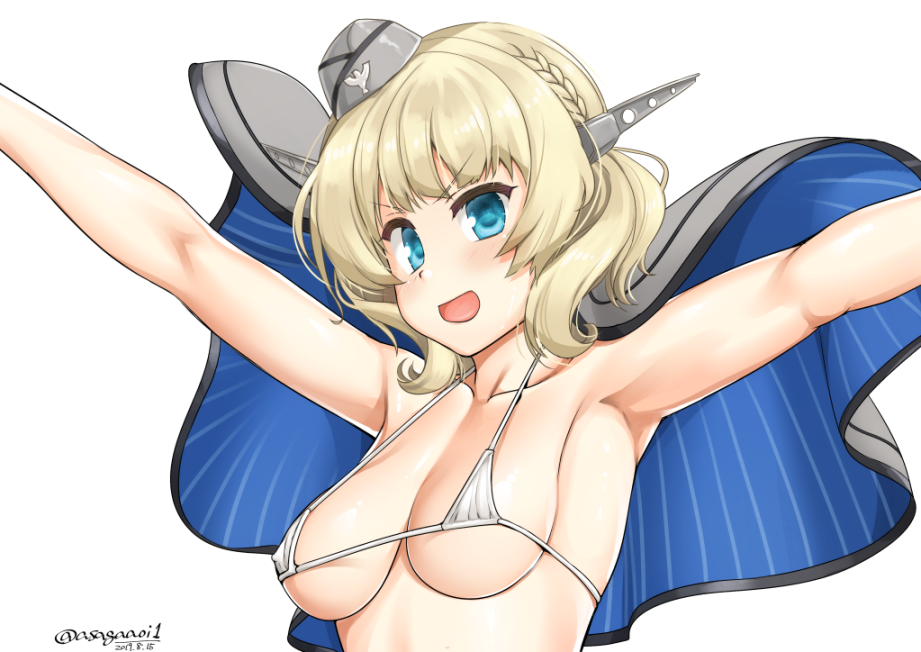1girl asaga_aoi bikini_top blonde_hair blue_eyes breasts capelet colorado_(kantai_collection) commentary_request dated eyebrows_visible_through_hair eyepatch_bikini garrison_cap grey_headwear hat headgear kantai_collection large_breasts lattice_mast open_mouth outstretched_arms short_hair side_braids solo twitter_username upper_body white_background