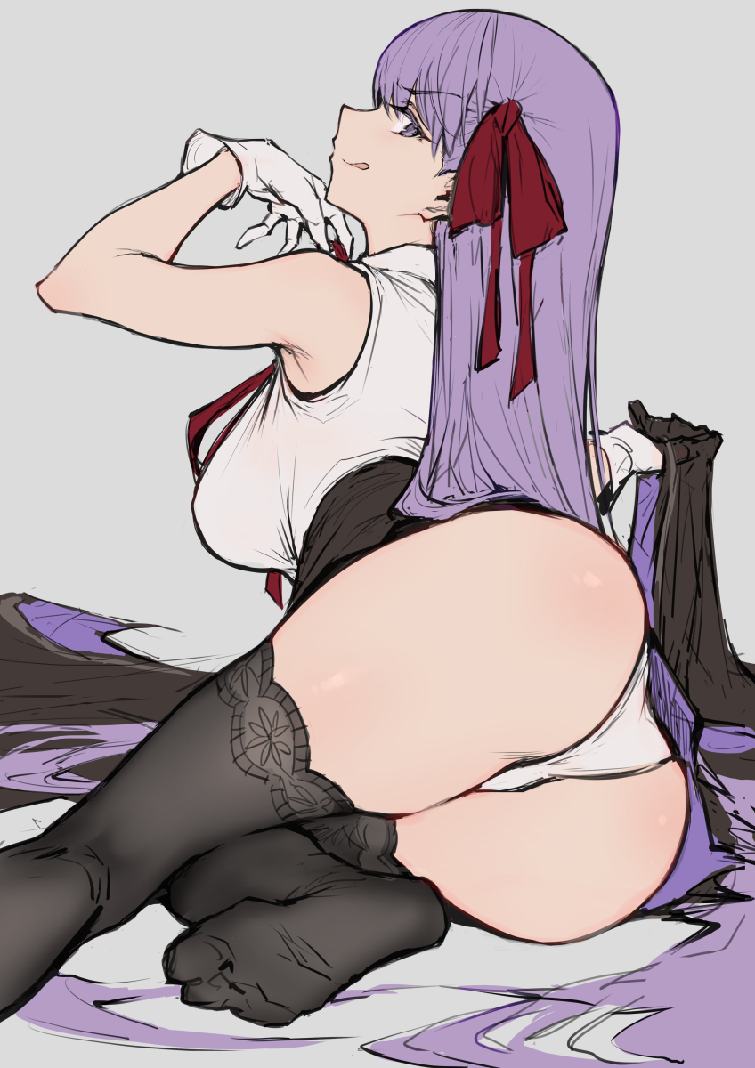 1girl :q ass bangs bare_shoulders bb_(fate)_(all) bb_(fate/extra_ccc) black_coat black_legwear breasts coat coat_removed fate/extra fate/extra_ccc fate_(series) feet gloves grey_background hair_ribbon haoni high-waist_skirt highres large_breasts legs leotard licking_lips long_hair looking_at_viewer looking_back neck_ribbon purple_hair red_ribbon ribbon simple_background skirt smile solo thigh-highs thighs tongue tongue_out very_long_hair violet_eyes white_gloves white_leotard