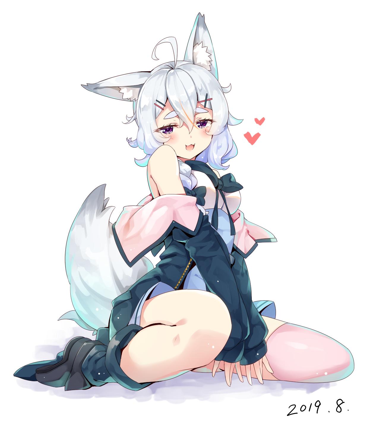 1girl ahoge animal_ear_fluff animal_ears ass_visible_through_thighs black_footwear black_jacket blush breasts commentary dated fox_ears fox_tail full_body hair_ornament hairclip heart highres jacket jacket_removed long_sleeves looking_at_viewer loose_socks medium_breasts moeki_yuuta open_clothes open_jacket open_mouth sakuma_nemu sakuma_nemu_channel single_thighhigh sitting sleeveless smile solo tail thick_eyebrows thigh-highs thighs violet_eyes virtual_youtuber wariza white_background white_hair