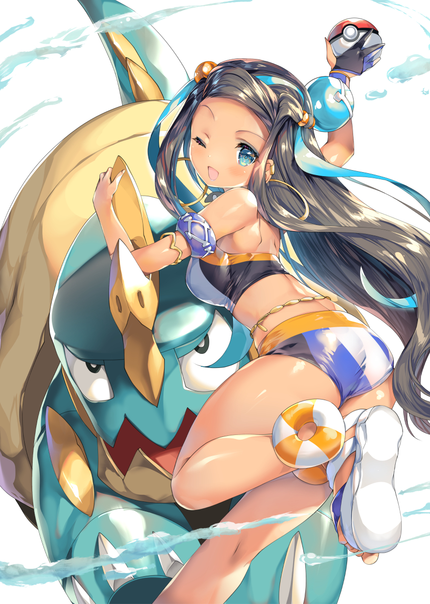 1girl armlet ass belly_chain black_hair blue_eyes blue_hair breasts character_request commentary_request dark_skin drednaw earrings from_behind gloves gym_leader hair_bun highres hoop_earrings jewelry long_hair looking_at_viewer multicolored_hair one_eye_closed poke_ball pokemon pokemon_(creature) pokemon_(game) pokemon_swsh rurina_(pokemon) shimesaba_kohada single_glove swimsuit tankini two-tone_hair
