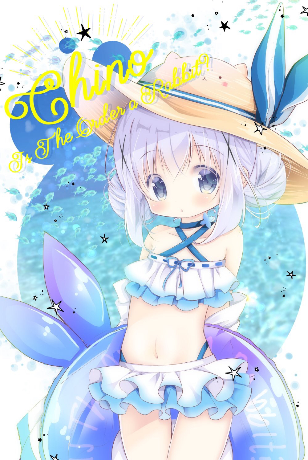 1girl animal arms_behind_back bare_shoulders bikini blue_bikini blue_choker blue_eyes blue_hair blue_ribbon blush brown_headwear character_hat character_name chestnut_mouth choker collarbone commentary_request copyright_name criss-cross_halter double_bun fish fukaya_rin gochuumon_wa_usagi_desu_ka? halterneck hat hat_ribbon highleg highleg_bikini highres innertube kafuu_chino layered_bikini looking_at_viewer navel parted_lips ribbon ribbon-trimmed_bikini ribbon_trim sidelocks solo star striped striped_ribbon sun_hat swimsuit thigh_gap transparent white_bikini