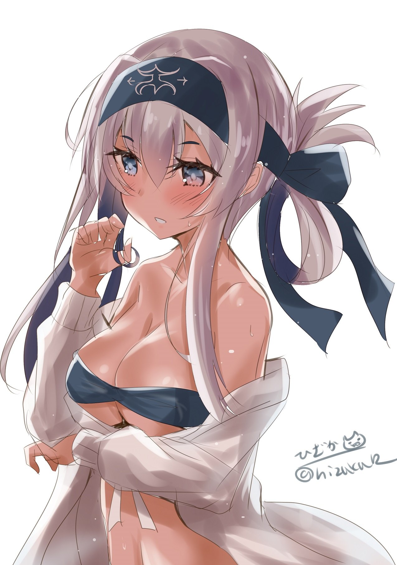 1girl bikini blue_eyes blush breasts closed_mouth eyebrows_visible_through_hair folded_ponytail hair_between_eyes headband highres hizaka kamoi_(kantai_collection) kantai_collection large_breasts micro_bikini shirt sidelocks simple_background solo swimsuit swimsuit_under_clothes twitter_username white_background white_hair white_shirt