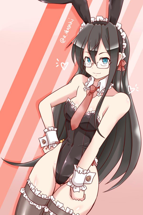 1girl akai_akasaki animal_ears black_hair black_legwear black_leotard breasts bunny_tail bunnysuit commentary_request cowboy_shot detached_collar frilled_legwear frilled_leotard frills glasses green_eyes hairband kantai_collection leotard long_hair looking_at_viewer necktie ooyodo_(kantai_collection) rabbit_ears red_background red_neckwear semi-rimless_eyewear small_breasts solo strapless strapless_leotard striped striped_background tail thigh-highs twitter_username under-rim_eyewear wrist_cuffs