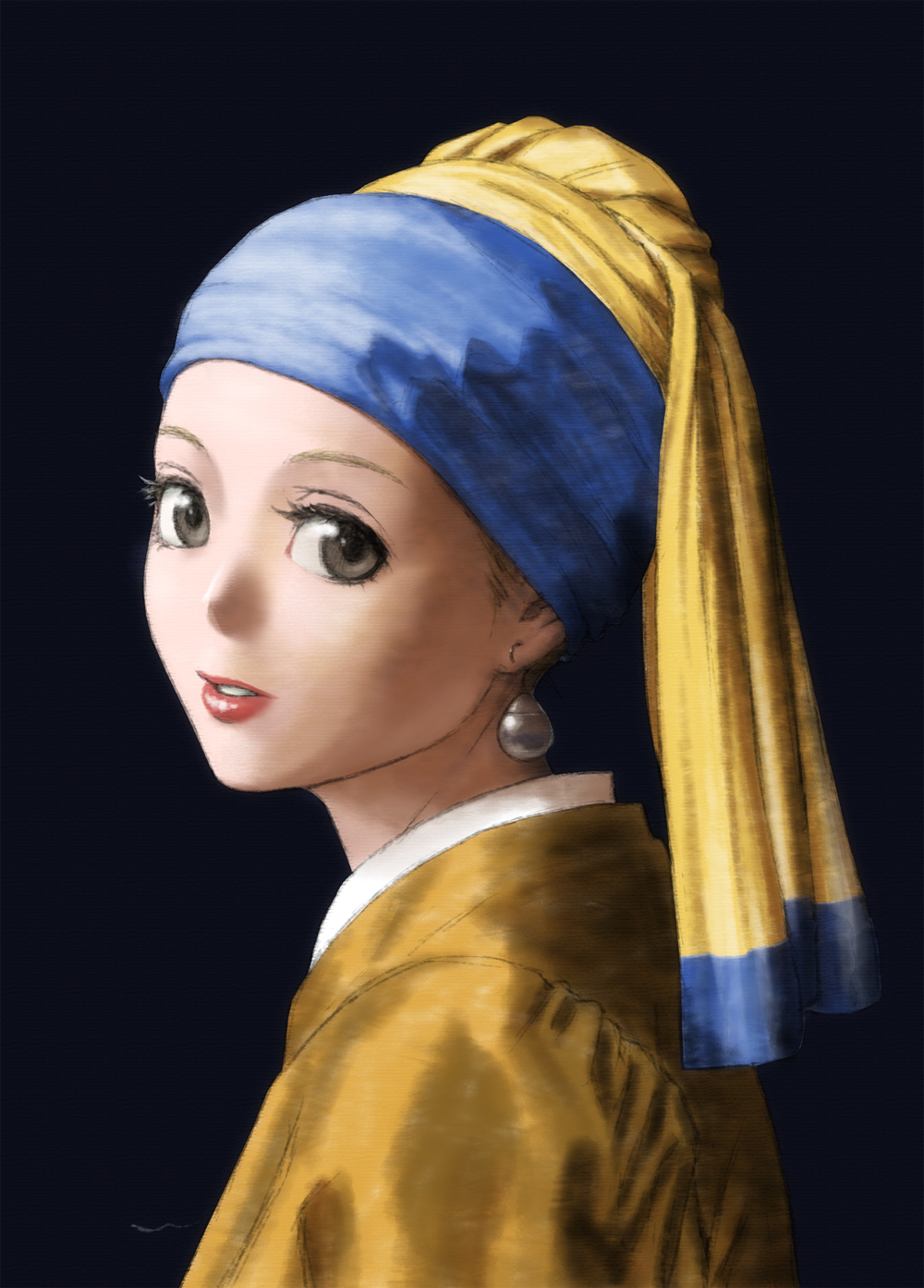 1girl black_background earrings eyelashes face fine_art_parody girl_with_a_pearl_earring grey_eyes highres jewelry lips looking_at_viewer mankappa parody parted_lips pearl_earrings simple_background solo