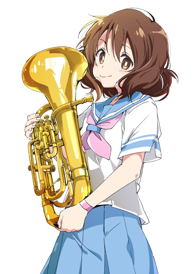 1girl blue_sailor_collar blue_skirt brown_eyes brown_hair closed_mouth cute euphonium hibike!_euphonium instrument ixy kyoto_animation looking_at_viewer moe oumae_kumiko pink_neckwear pleated_skirt sailor_collar school_uniform serafuku short_hair short_sleeves simple_background skirt smile solo takarajimasha white_background