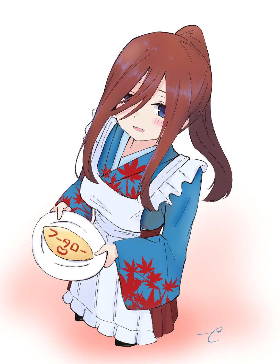 1girl :d apron bangs blue_eyes blue_kimono blush breasts brown_background brown_hair brown_hakama commentary_request cropped_legs eyebrows_behind_hair food frilled_apron frills go-toubun_no_hanayome gradient gradient_background hair_between_eyes hakama high_ponytail highres holding holding_plate japanese_clothes kimono kujou_karasuma leaf_print long_hair long_sleeves looking_at_viewer maple_leaf_print medium_breasts nakano_miku omurice open_mouth plate ponytail print_kimono sidelocks signature smile solo translation_request white_apron white_background wide_sleeves