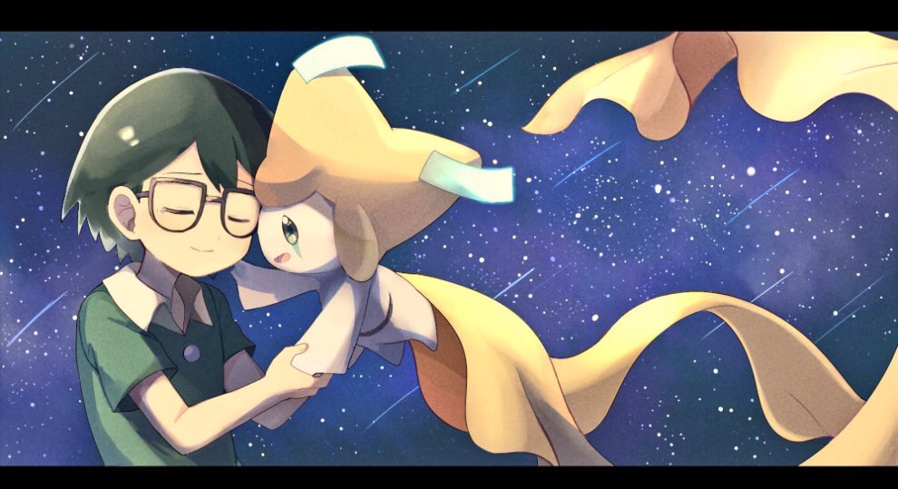 1boy bangs black-framed_eyewear black_hair blush child closed_eyes closed_mouth floating full_body gen_3_pokemon glasses green_eyes green_shirt hand_on_another's_face hand_up hands_up holding_hands jirachi jpeg_artifacts legendary_pokemon light_blush looking_at_another male_focus masato_(pokemon) mei_(maysroom) night open_mouth outdoors pokemon pokemon_(anime) pokemon_(creature) pokemon_m06 pokemon_rse_(anime) shiny shiny_hair shirt shooting_star short_sleeves sideways_mouth sky smile star_(sky) starry_sky tears upper_body
