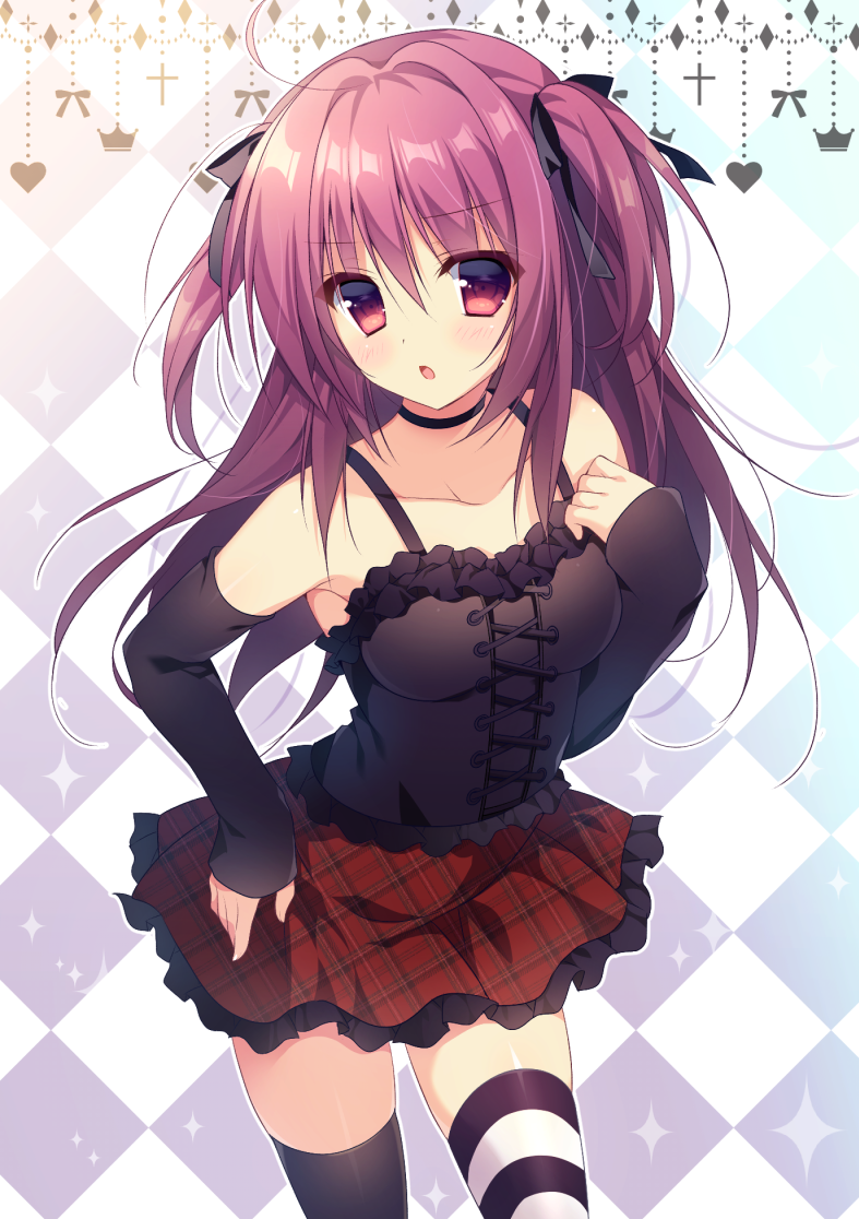 1girl :o ahoge argyle argyle_background armpits bangs bare_shoulders black_choker black_legwear black_ribbon black_shirt blush breasts choker collarbone commentary_request cowboy_shot detached_sleeves frills hair_between_eyes hair_ribbon hand_up heart long_hair long_sleeves looking_at_viewer medium_breasts miniskirt mismatched_legwear original parted_lips pimopi pink_hair plaid plaid_skirt red_eyes red_skirt ribbon shirt skirt solo striped striped_legwear thigh-highs two_side_up unmoving_pattern zettai_ryouiki