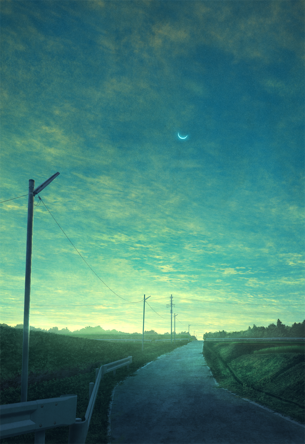 blue_sky clouds cloudy_sky crescent_moon gradient_sky grass highres mks moon no_humans original outdoors power_lines railing road scenery sky sunlight telephone_pole twilight
