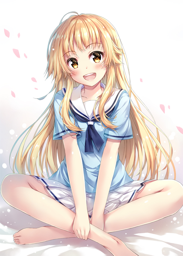 1girl :d bang_dream! bangs barefoot blonde_hair blue_neckwear blue_shirt blush commentary_request crossed_legs hanasakigawa_school_uniform indian_style looking_at_viewer neckerchief open_mouth petals pleated_skirt school_uniform serafuku shirt short_sleeves sitting skirt smile solo tomo_wakui tsurumaki_kokoro white_skirt yellow_eyes