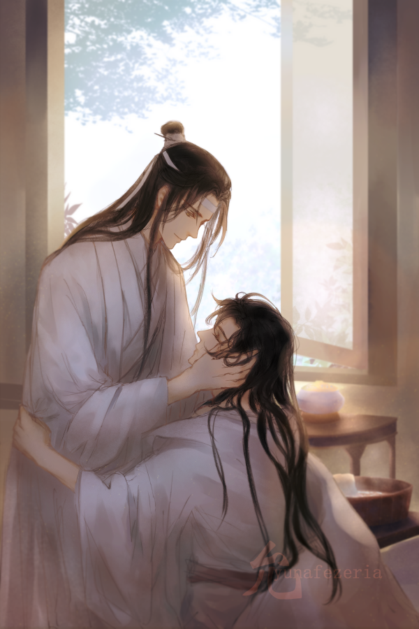 2boys artist_name black_hair closed_eyes day hand_on_another's_cheek hand_on_another's_face headband indoors long_hair looking_at_another male_focus mo_dao_zu_shi multiple_boys robe smile table very_long_hair wangji_lan watermark white_headband white_robe wide_sleeves window wuxian_wei yaoi yun-afezeria