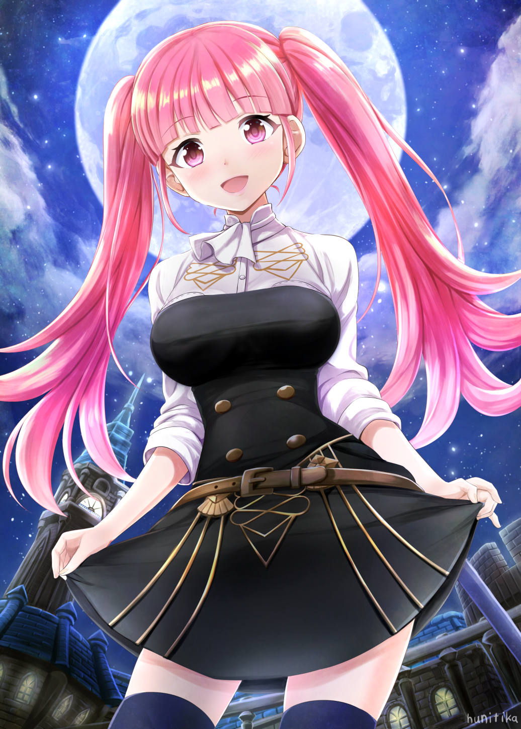 1girl :d bangs belt belt_buckle black_dress blue_legwear blunt_bangs blush breasts buckle building cute dress eyebrows_visible_through_hair fire_emblem fire_emblem:_three_houses fire_emblem:_three_houses fire_emblem_16 fisheye from_below full_moon highres hilda_valentine_goneril intelligent_systems large_breasts light_particles long_hair long_sleeves looking_at_viewer looking_down moon nichika_(nitikapo) night night_sky nintendo open_mouth outdoors pink_hair school_uniform shiny shiny_hair skirt_hold sky smile solo thigh-highs twintails very_long_hair violet_eyes zettai_ryouiki