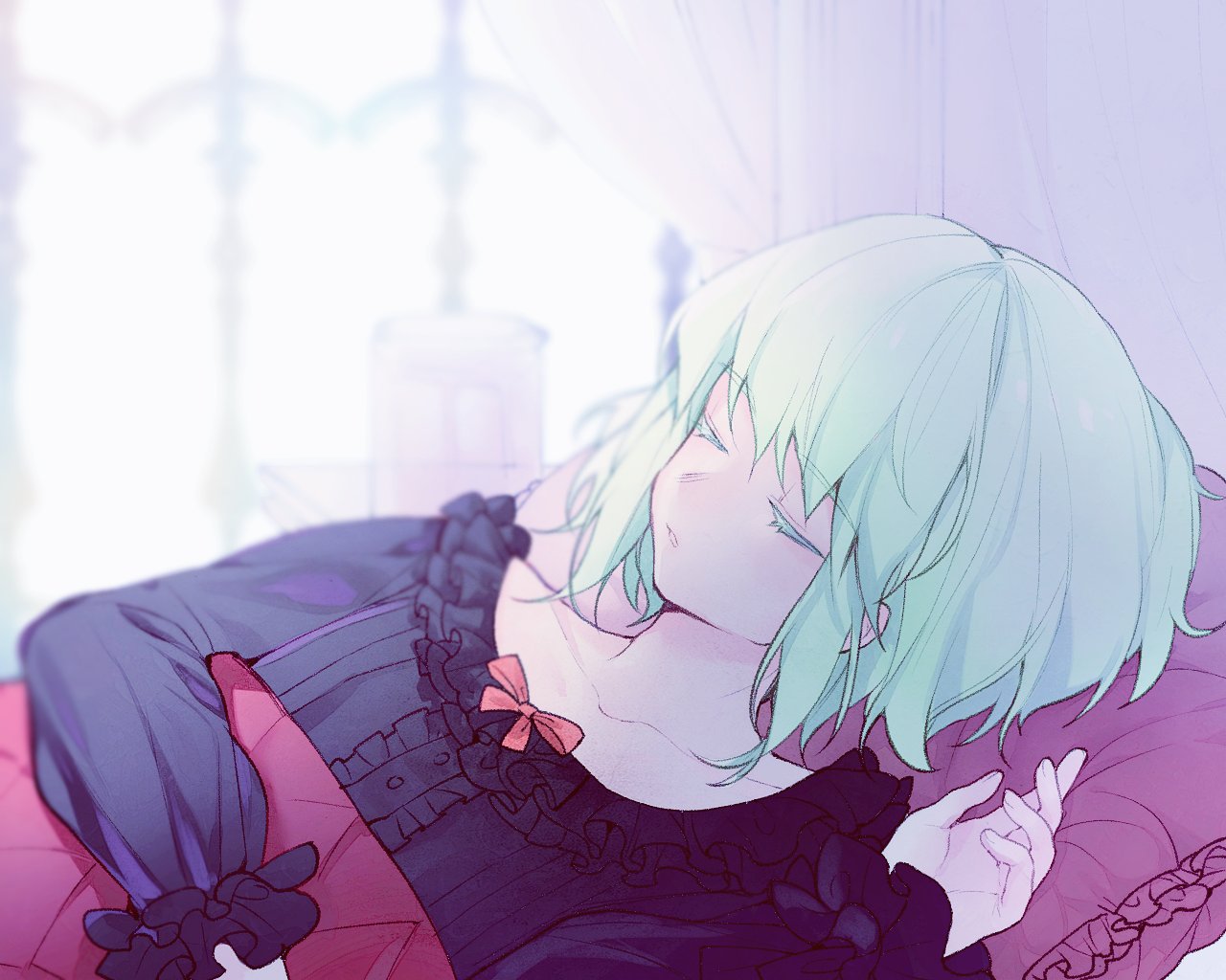 1boy androgynous bed blush chest closed_eyes green_hair lio_fotia long_hair male_focus otoko_no_ko promare shii_(luochen_xi) simple_background sleeping solo