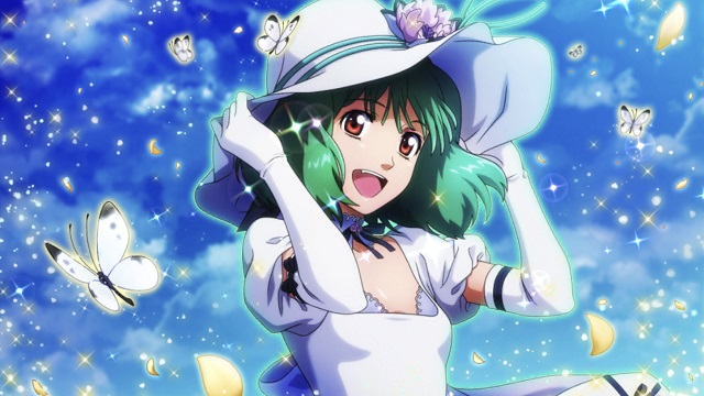 1girl blue_ribbon blue_sky bug butterfly clouds collarbone day detached_collar dress elbow_gloves floating_hair flower gloves green_hair hands_on_headwear hat hat_flower insect looking_at_viewer macross macross_frontier medium_hair neck_ribbon official_art outdoors purple_flower ranka_lee red_eyes ribbon shiny shiny_hair short_sleeves sky solo sparkle sun_hat sundress upper_body white_dress white_gloves white_headwear