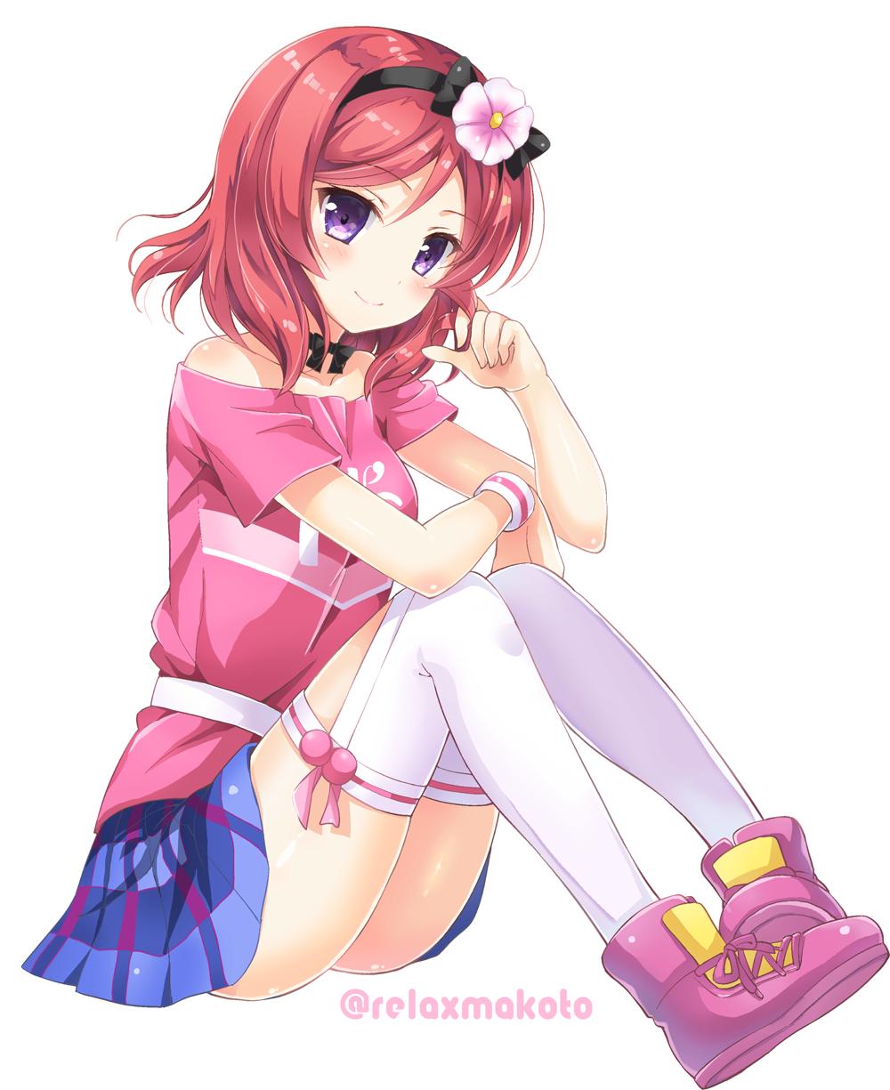 1girl belt black_choker blue_skirt blush boots choker clothes_writing commentary elbow_on_knee flower hair_flower hair_ornament hair_ribbon hair_twirling hairband happy_maker! highres knees_up looking_at_viewer love_live! love_live!_school_idol_project miniskirt nishikino_maki pink_flower pink_footwear pink_shirt plaid plaid_skirt redhead ribbon sakurai_makoto_(custom_size) shirt short_hair simple_background sitting skirt smile solo sweatband thigh-highs twitter_username violet_eyes white_background white_legwear