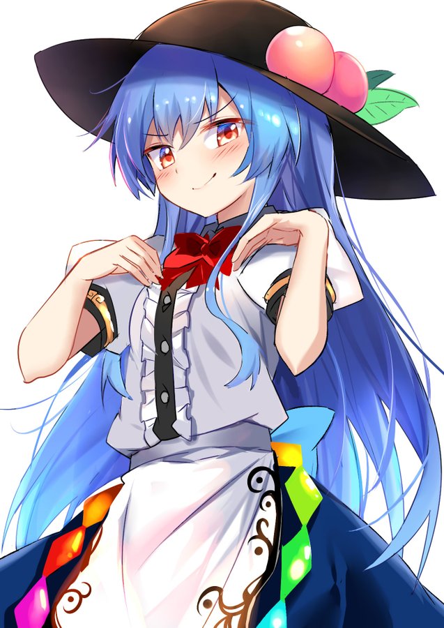1girl black_headwear blue_hair blue_skirt blush bow bowtie breasts center_frills closed_mouth cowboy_shot e.o. eyebrows_visible_through_hair food frills from_below fruit hair_between_eyes hands_on_own_chest hat hinanawi_tenshi leaf long_hair looking_at_viewer peach puffy_short_sleeves puffy_sleeves rainbow_order red_bow red_eyes red_neckwear shirt short_sleeves simple_background skirt small_breasts smile solo standing touhou v-shaped_eyebrows very_long_hair white_background white_shirt