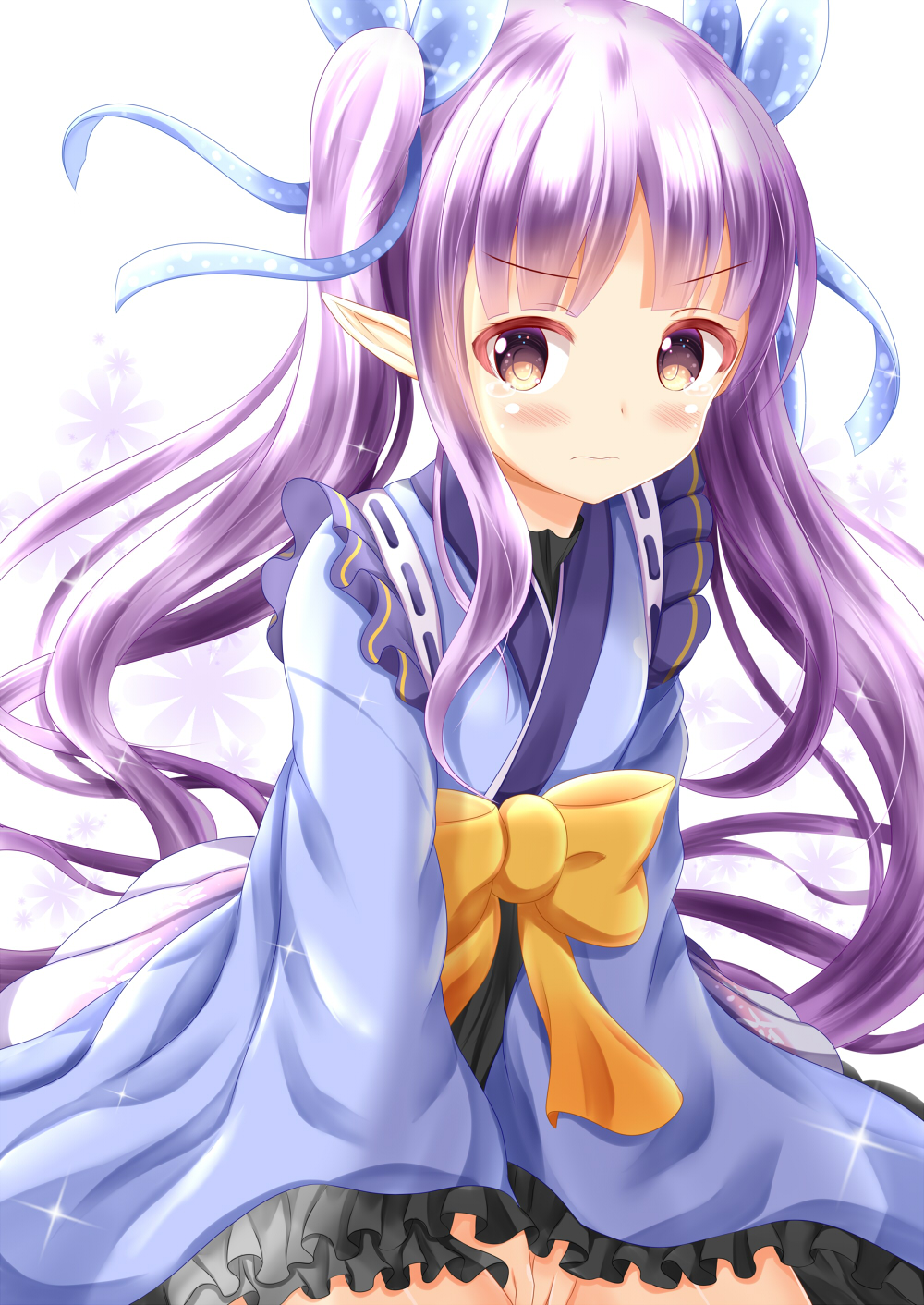 1girl bangs blue_kimono blue_ribbon blush bow brown_eyes closed_mouth commentary_request eyebrows_visible_through_hair hair_ribbon highres hikawa_kyoka japanese_clothes kimono long_hair long_sleeves looking_at_viewer orange_bow parted_bangs pointy_ears princess_connect! princess_connect!_re:dive purple_hair ribbon ribbon_trim sidelocks sleeves_past_wrists solo twintails v-shaped_eyebrows very_long_hair wavy_mouth wide_sleeves zenon_(for_achieve)
