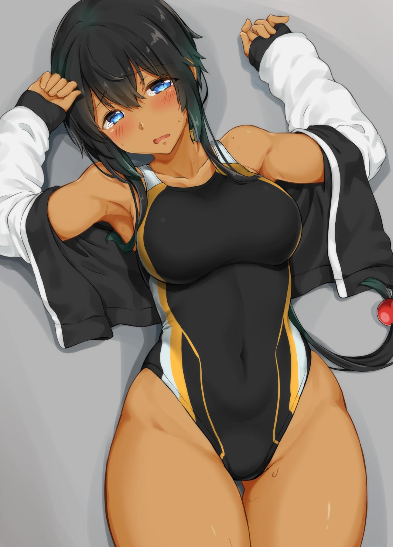 1girl arms_up ass_visible_through_thighs black_hair black_swimsuit blue_eyes breasts collarbone commentary_request competition_swimsuit covered_navel cowboy_shot dark_skin hair_between_eyes highleg highleg_swimsuit highres jacket large_breasts looking_at_viewer lying medium_breasts one-piece_swimsuit open_clothes open_jacket original shadow short_hair_with_long_locks sidelocks solo swimsuit thigh_gap white_jacket yuzu_lemon