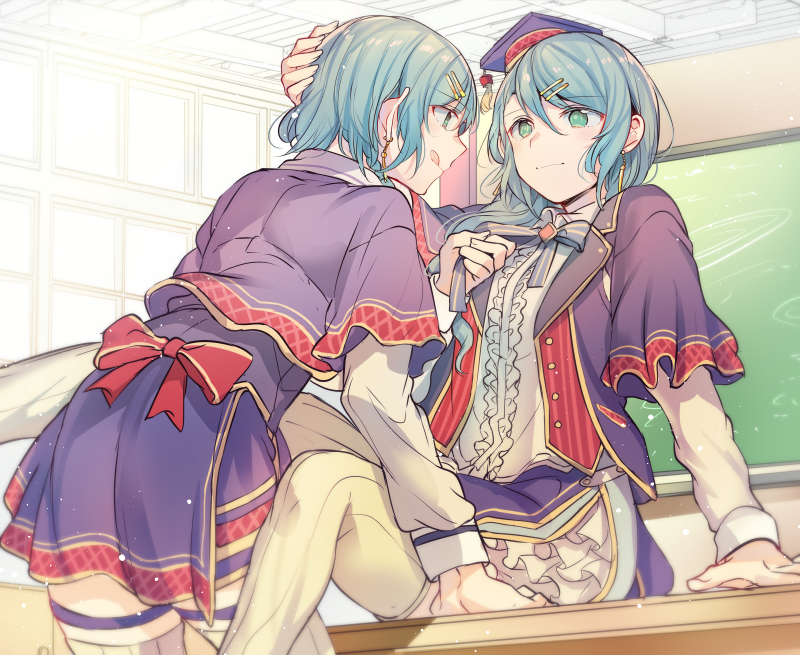 2girls aqua_hair bang_dream! blue_jacket blue_neckwear blue_skirt center_frills chalkboard classroom day earrings green_eyes hair_ornament hairpin hat hikawa_hina hikawa_sayo incest indoors jacket jewelry licking_lips long_hair long_sleeves looking_at_another mikan-uji mortarboard multiple_girls neck_ribbon ribbon shirt short_hair short_sleeves siblings sisters sitting skirt striped striped_neckwear tassel thigh-highs tongue tongue_out twins white_shirt yellow_legwear yuri