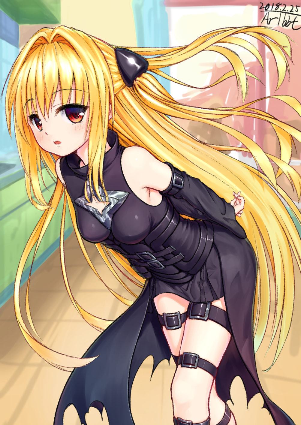 1girl 2018 arms_behind_back bangs belt belt_buckle black_belt black_cape black_skirt black_sleeves blonde_hair blush breasts breasts_apart buckle cape cleavage_cutout covered_nipples dated detached_sleeves eyebrows_visible_through_hair floating_hair hair_intakes highres indoors kitchen konjiki_no_yami leaning_forward long_hair long_sleeves looking_at_viewer medium_breasts miniskirt open_mouth red_eyes signature skirt solo thigh_strap to_love-ru traveler_(artbbt) very_long_hair waist_cape