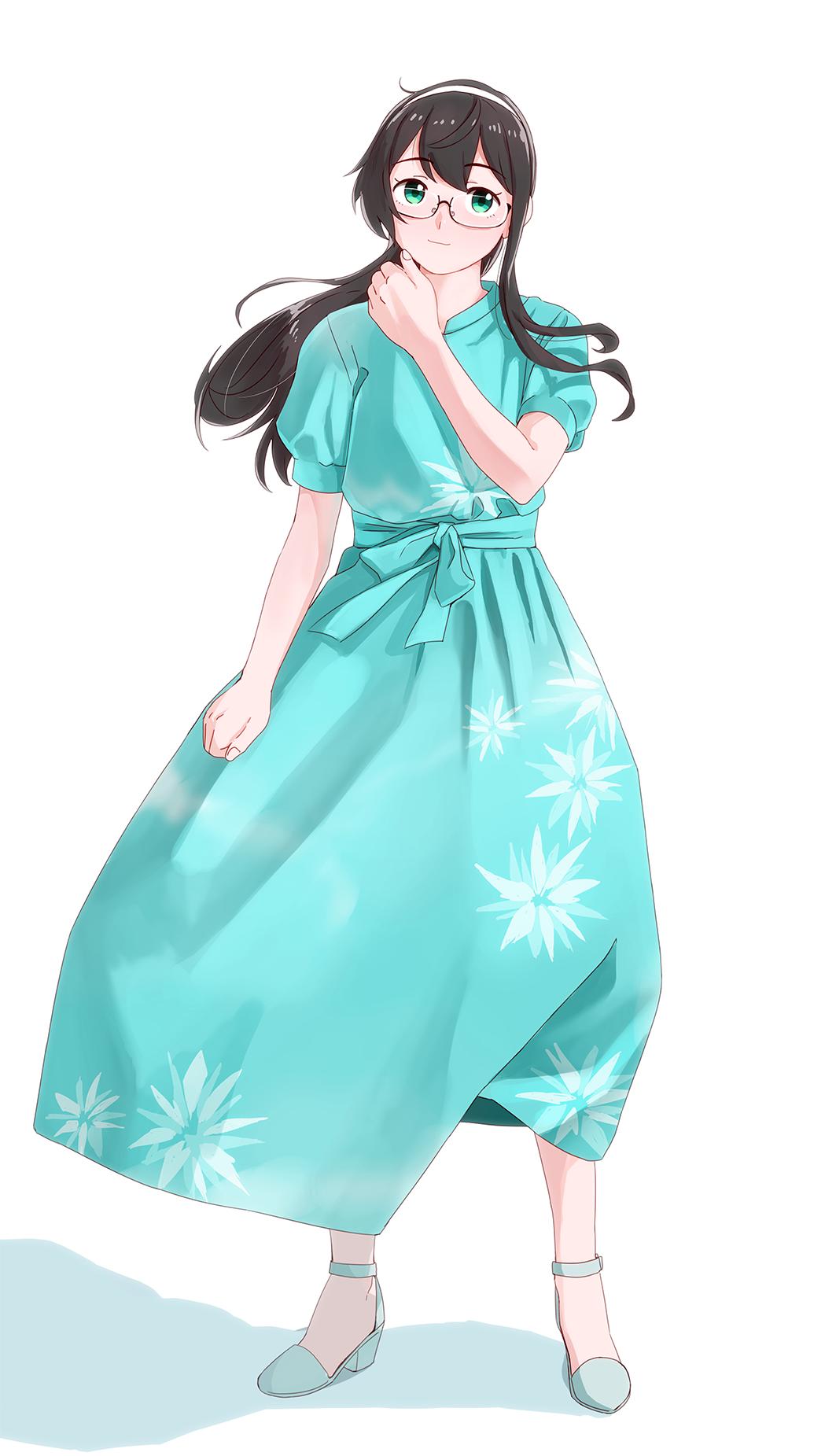 1girl bangs black_hair blue_dress blush closed_mouth dress fingernails floral_print full_body glasses green_eyes hairband high_heels highres kantai_collection long_hair ojipon ooyodo_(kantai_collection) shadow short_sleeves simple_background solo standing white_background white_hairband