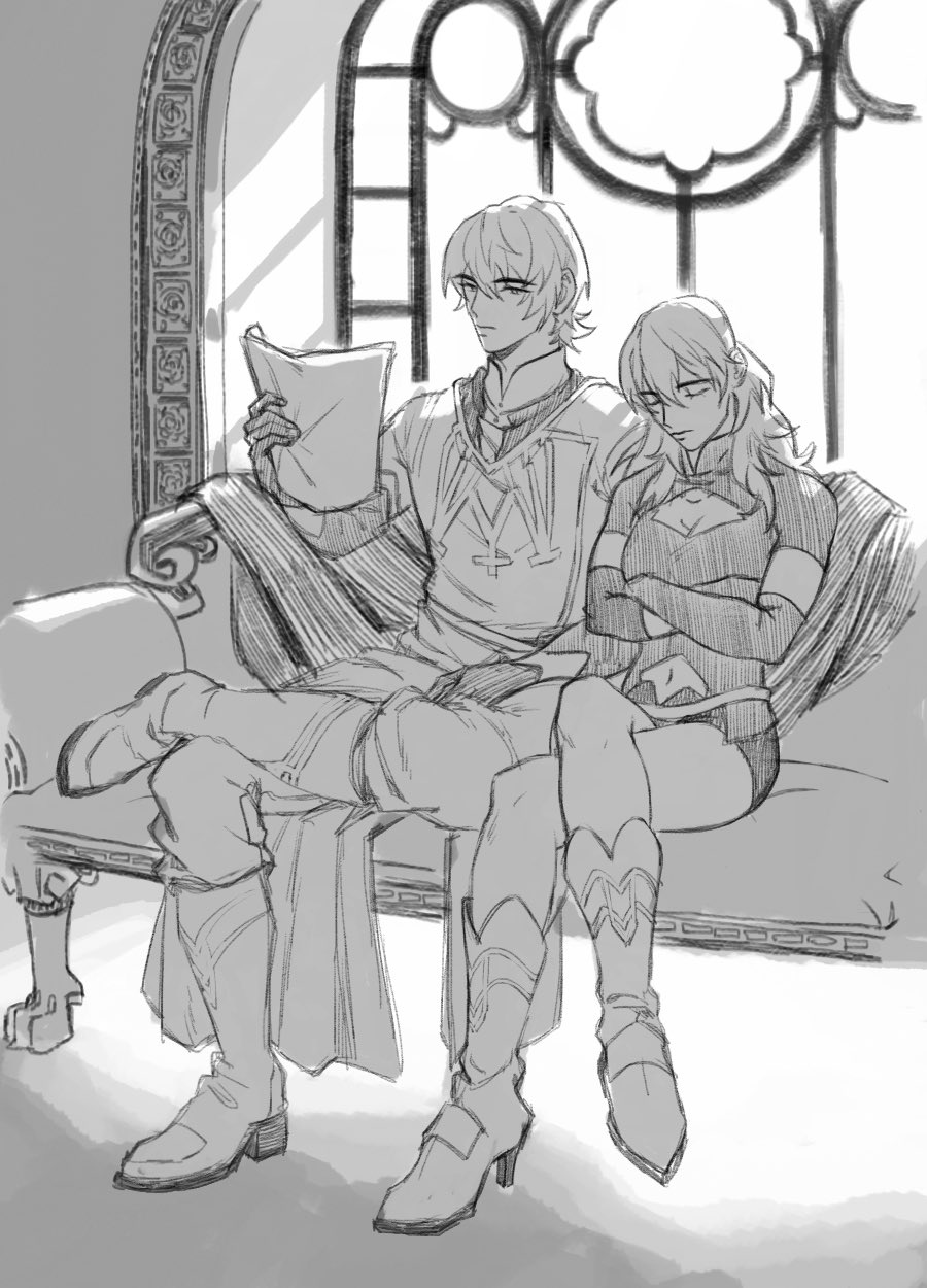 1boy 1girl boots byleth_(fire_emblem) byleth_eisner_(female) closed_eyes couch crossed_arms crossed_legs fire_emblem fire_emblem:_three_houses gloves highres long_hair monochrome navel paper short_hair sitting sunsembrace window