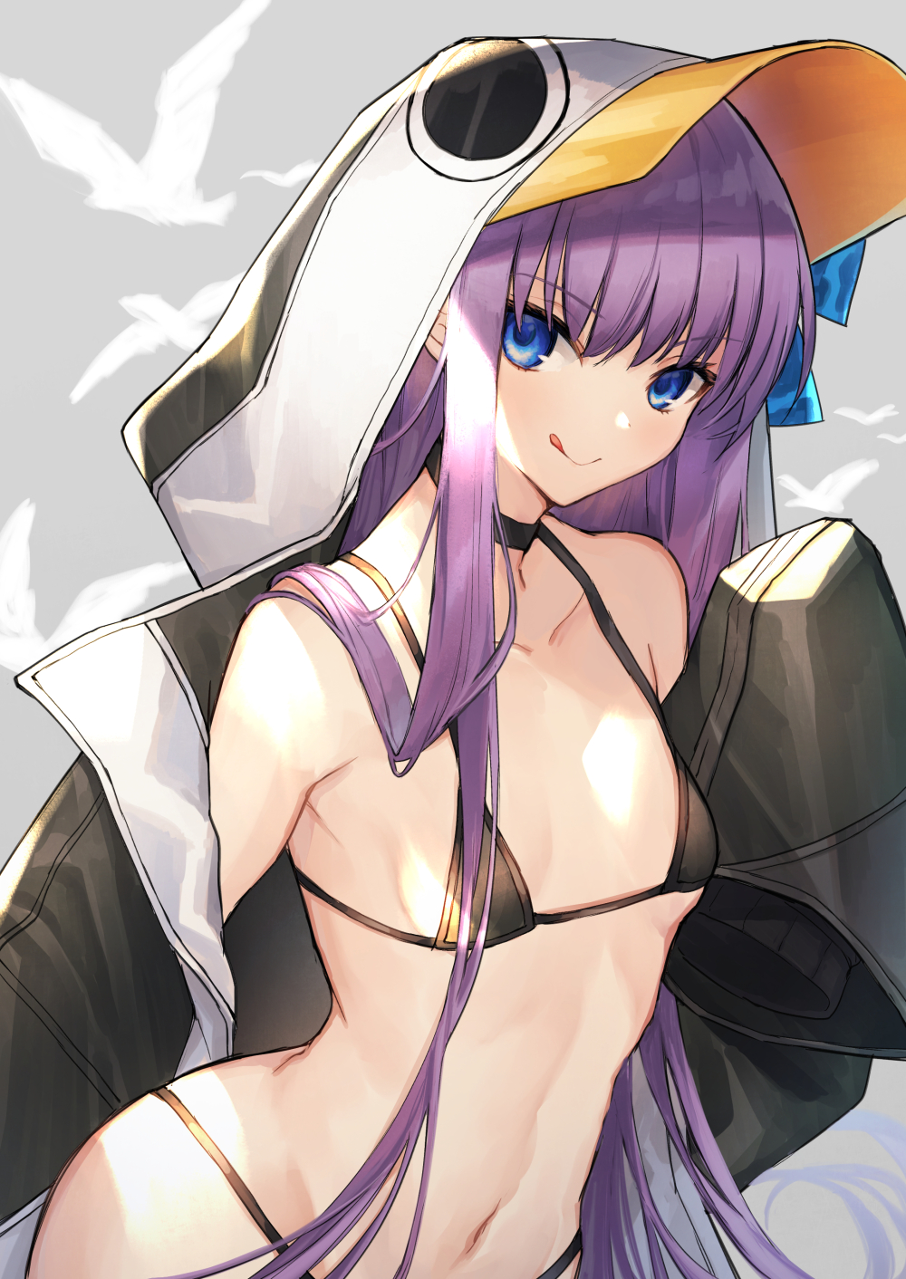 .com_(cu_105) 1girl :q animal_costume animal_hood bare_shoulders bikini black_bikini black_choker blue_eyes breasts choker closed_mouth collarbone fate/grand_order fate_(series) highres hood long_hair long_sleeves looking_at_viewer meltryllis_(swimsuit_lancer)_(fate) navel penguin_costume purple_hair sidelocks sleeves_past_fingers sleeves_past_wrists small_breasts smile solo swimsuit tongue tongue_out upper_body very_long_hair