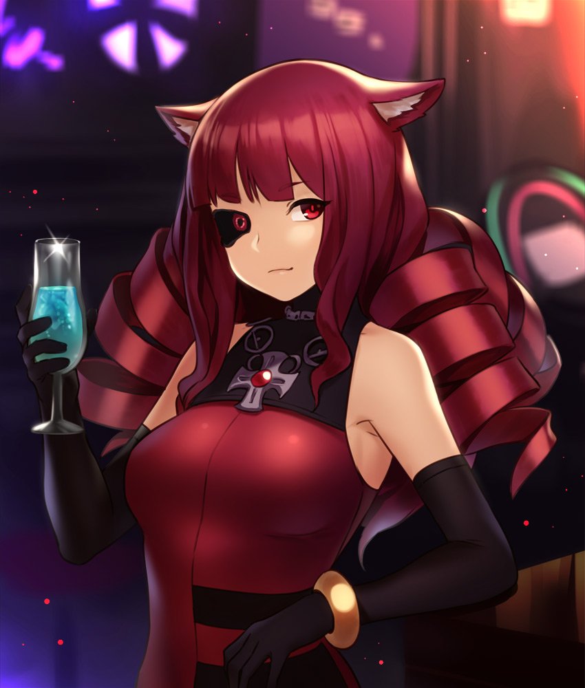 1girl alcohol animal_ears black_gloves black_sclera bracelet breasts cat_ears cocktail cocktail_glass commentary_request cross cup cybernetic_eye cyberpunk dress drill_hair drinking_glass elbow_gloves gloves halter_dress houtengeki jewelry long_hair looking_at_viewer medium_breasts purple_dress purple_hair quad_drills red_eyes solo stella_hoshii va-11_hall-a