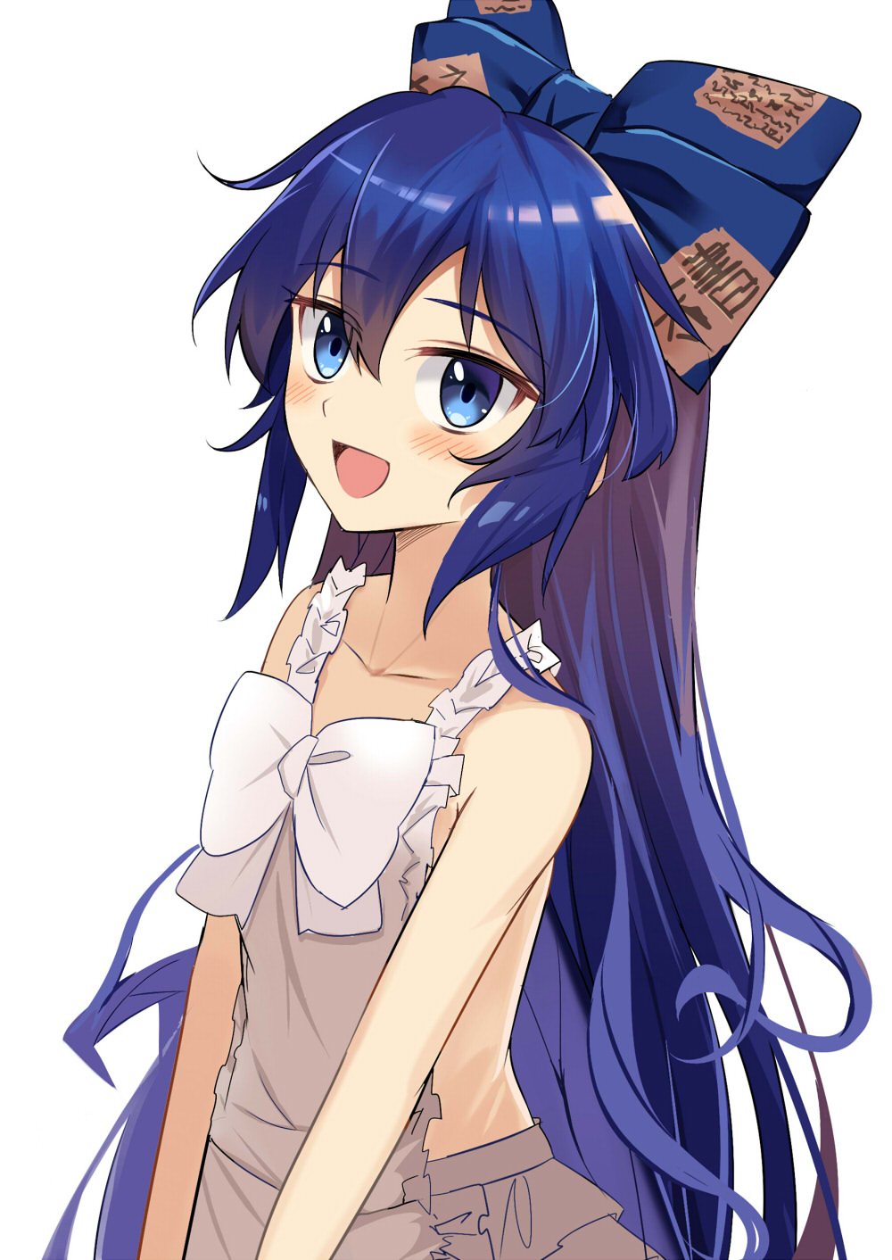 1girl :d apron bangs bare_arms bare_shoulders blue_bow blue_eyes blue_hair blush bow collarbone commentary_request e.o. eyebrows_visible_through_hair frilled_apron frills grey_apron grey_skirt hair_between_eyes hair_bow highres long_hair looking_at_viewer open_mouth sidelocks simple_background skirt smile solo touhou upper_body very_long_hair white_background white_bow yorigami_shion