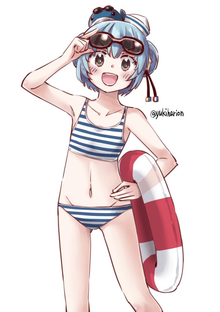 1girl animal animal_on_head bikini black_ribbon blue_hair commentary_request dixie_cup_hat double_bun eyewear_on_head fang hand_on_hip hat innertube kantai_collection little_blue_whale_(kantai_collection) military_hat on_head open_mouth ribbon samuel_b._roberts_(kantai_collection) short_hair simple_background skin_fang smile solo striped striped_bikini sunglasses swimsuit twitter_username whale white_background white_headwear yellow_eyes yukiharu