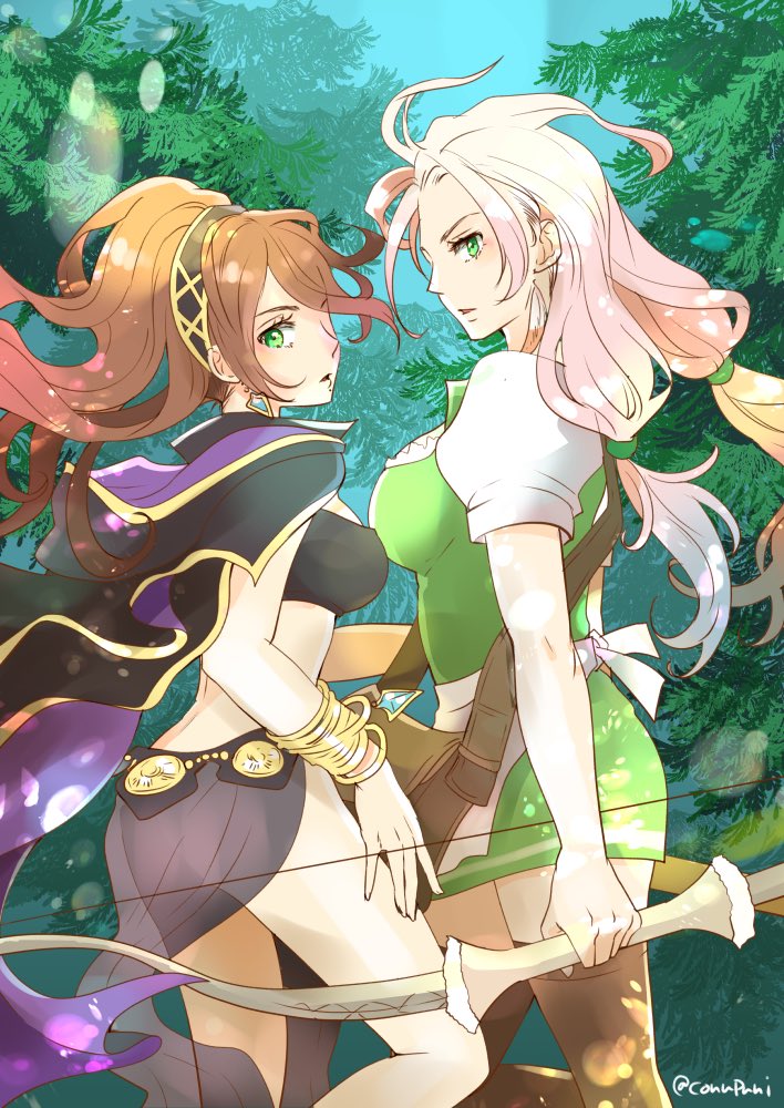 2girls ass blonde_hair bow_(weapon) bracelet braid breasts brown_hair conupuni dancer dress gloves h'aanit_(octopath_traveler) jewelry long_hair looking_at_viewer medium_breasts multiple_girls necklace octopath_traveler open_mouth ponytail primrose_azelhart simple_background smile weapon