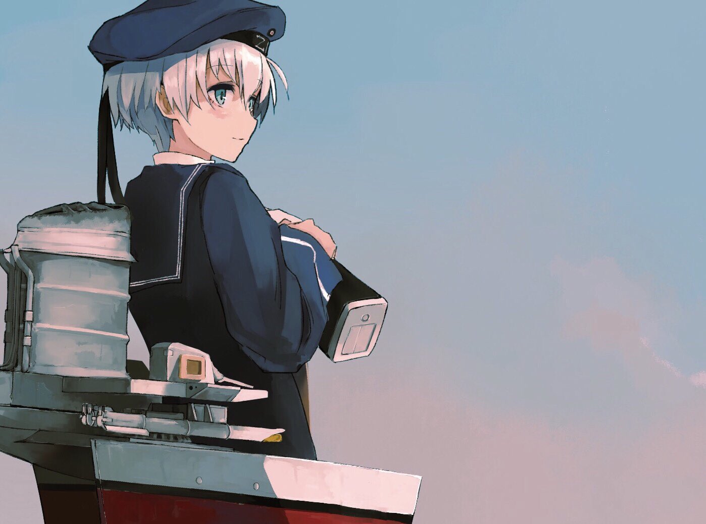 1girl air_kon blue_dress blue_eyes blue_headwear blue_sky clothes_writing commentary_request dress gradient_sky hat kantai_collection machinery negative_space sailor_collar sailor_dress sailor_hat short_hair silver_hair sky smokestack solo z1_leberecht_maass_(kantai_collection)