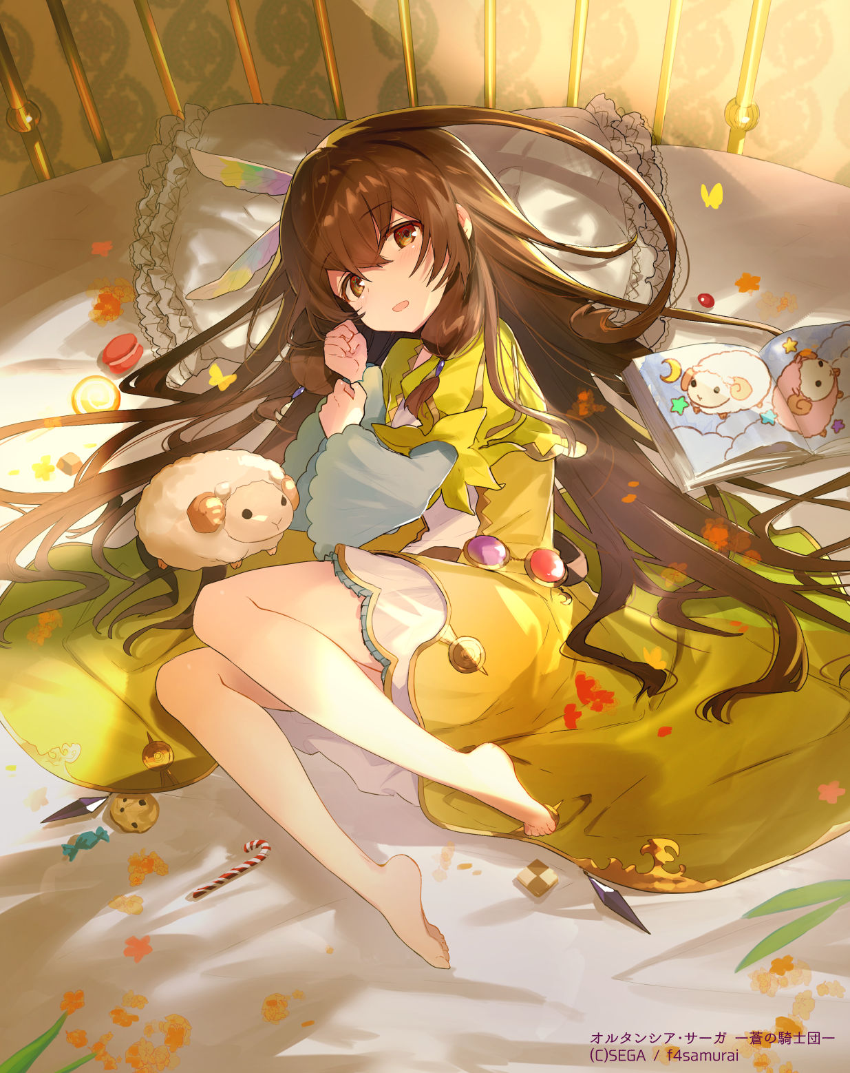 barefoot brown_eyes brown_hair candy candy_cane checkerboard_cookie clenched_hand company_name cookie dress food hayama_eishi highres hortensia_saga indoors looking_at_viewer lying macaron official_art on_bed on_side picture_book pillow puffy_sleeves sheep wrapped_candy yellow_dress