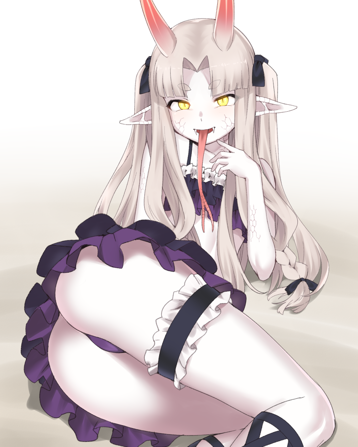 1girl :d ass bangs bare_arms bare_shoulders black_ribbon blonde_hair blunt_bangs braid commentary eyebrows_visible_through_hair fangs forked_tongue hair_intakes hair_ribbon horns leg_garter long_hair long_tongue looking_at_viewer open_mouth original orochi_(yagi) pale_skin pointy_ears ribbon scales short_eyebrows skirt slit_pupils smile solo thick_eyebrows tongue tongue_out twintails yagi_(ningen) yellow_eyes