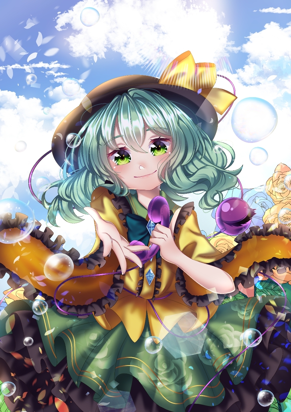 1girl aqua_hair arms_up black_headwear blue_flower blue_rose blue_sky bubble clouds commentary_request cowboy_shot eyebrows_visible_through_hair floral_print flower frilled_skirt frilled_sleeves frills green_eyes green_skirt hair_between_eyes hat hat_ribbon head_tilt highres holding holding_phone index_finger_raised komeiji_koishi lens_flare long_sleeves looking_at_viewer outstretched_hand petticoat phone reaching_out reinakocchi ribbon rose rose_print shirt short_hair skirt sky smile solo thick_eyebrows third_eye touhou untucked_shirt wide_sleeves yellow_flower yellow_rose yellow_shirt