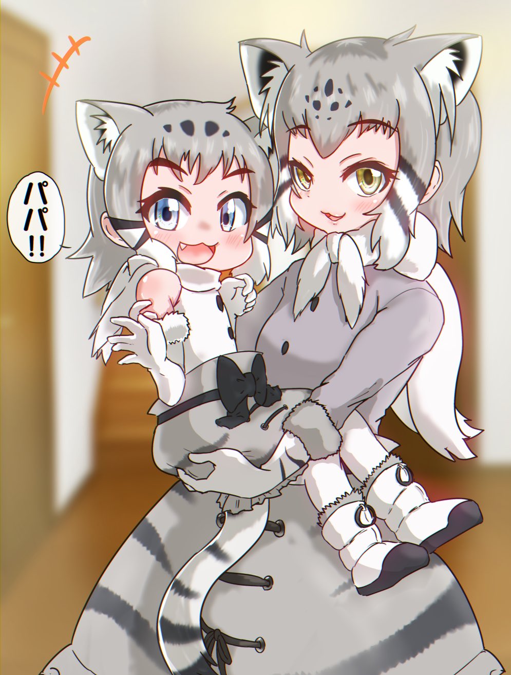 +++ 2girls :3 :d animal_ear_fluff animal_ears bare_shoulders black_bow blue_eyes blurry blurry_background boots bow carrying cat_ears cat_tail child commentary elbow_gloves extra_ears eyebrows_visible_through_hair fang fur-trimmed_gloves fur-trimmed_sleeves fur_trim fzr332211 gloves grey_hair highres kemono_friends looking_at_viewer mother_and_daughter multicolored_hair multiple_girls open_mouth pallas's_cat_(kemono_friends) pantyhose scarf shirt sleeveless sleeveless_shirt smile tail translated waving white_gloves white_hair white_legwear white_scarf yellow_eyes