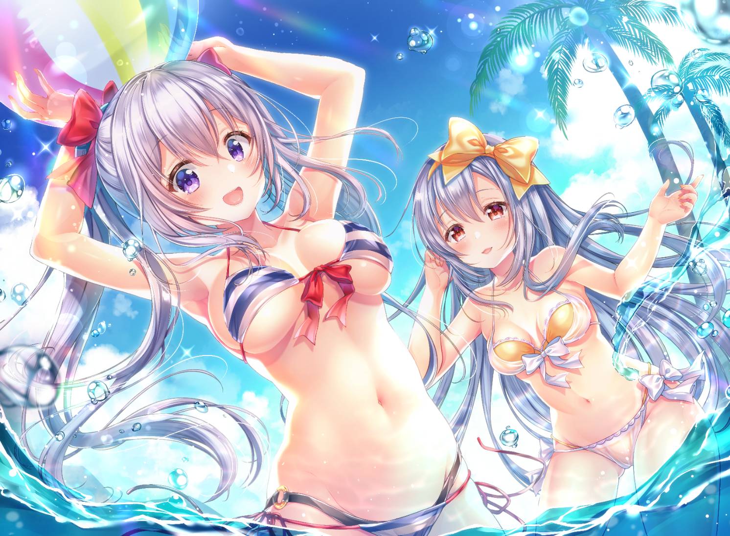 2girls :d aoba_chise aoba_project aoba_rena armpits arms_up ass_visible_through_thighs ball bare_arms bare_shoulders beachball bikini blue_hair blue_sky bow breasts breasts_apart clouds commentary day floating_hair front-tie_bikini front-tie_top hair_bow halter_top halterneck highleg highleg_bikini holding large_breasts lens_flare long_hair looking_at_viewer mismatched_bikini multiple_girls navel open_mouth outdoors palm_tree parted_lips red_bow red_eyes sakura_moyon silver_hair sky smile stomach striped striped_bikini sunlight swimsuit tree very_long_hair violet_eyes wading water yellow_bow