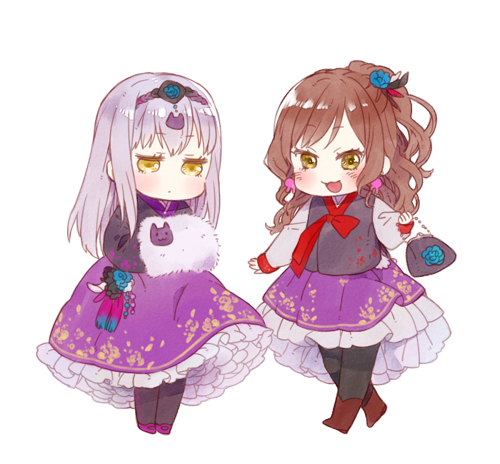 2girls :3 :d bag bang_dream! bangs black_vest blue_flower blush boots brown_hair chibi feathers flower frilled_skirt frills full_body green_eyes grey_hair hair_feathers hair_flower hair_ornament hairband half_updo handbag holding holding_bag imai_lisa jitome kamesuke_(turtle0124) long_hair long_sleeves looking_at_viewer minato_yukina multiple_girls open_mouth purple_footwear purple_skirt red_neckwear shoes sidelocks simple_background skirt smile standing tassel vest white_background yellow_eyes