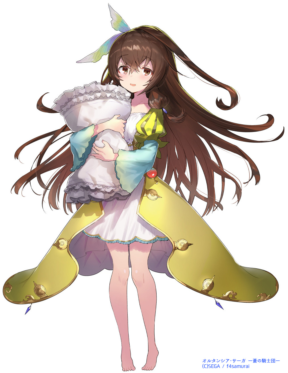 1girl barefoot bow brown_eyes brown_hair company_name dress full_body hair_bow hayama_eishi highres holding holding_pillow hortensia_saga long_hair looking_at_viewer official_art pillow puffy_sleeves simple_background solo standing very_long_hair white_background