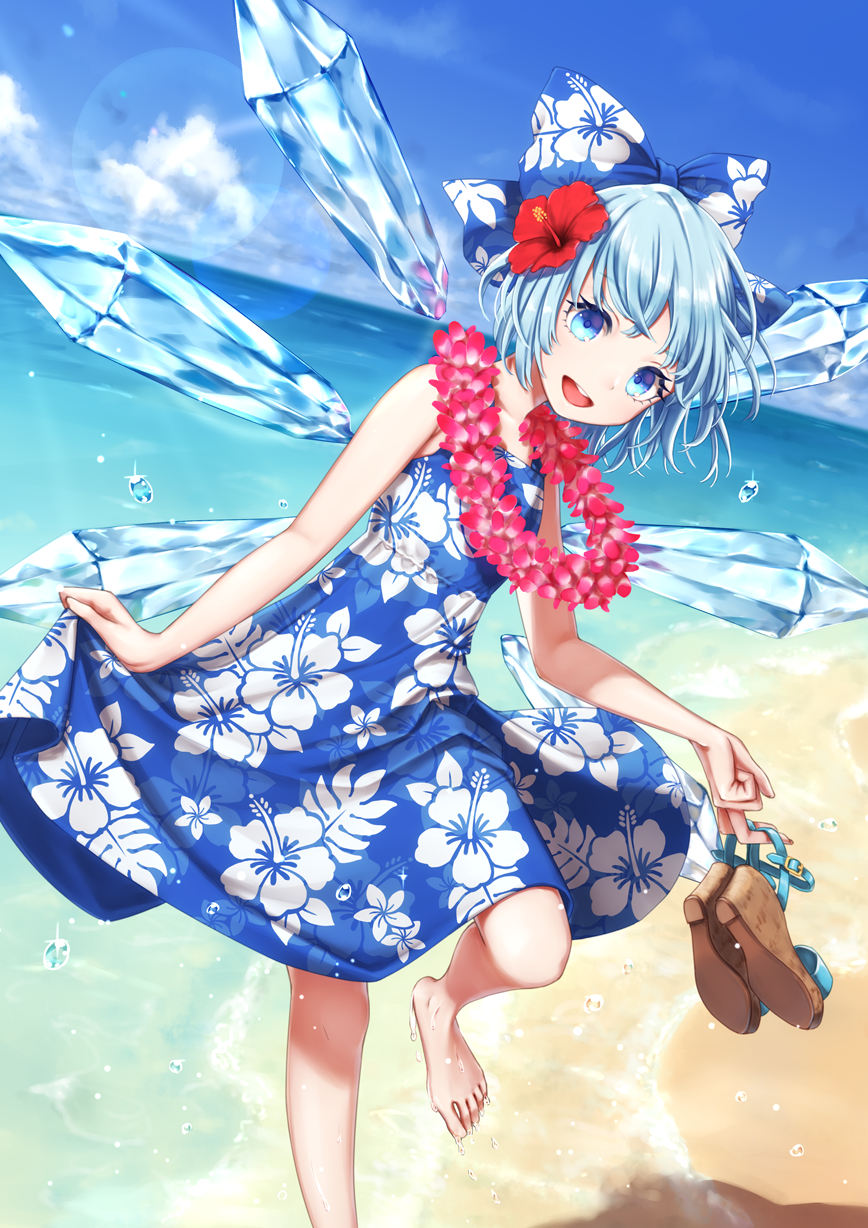 1girl :d adapted_costume bangs bare_arms bare_shoulders barefoot beach blue_bow blue_dress blue_eyes blue_hair blue_sky bow brown_footwear cirno clouds commentary_request day dress dtvisu feet_out_of_frame floral_print flower hair_bow hair_flower hair_ornament hibiscus highres holding ice ice_wings lei lens_flare looking_at_viewer ocean open_mouth outdoors red_flower sandals shadow short_hair sky sleeveless sleeveless_dress smile solo standing standing_on_one_leg touhou water water_drop wings