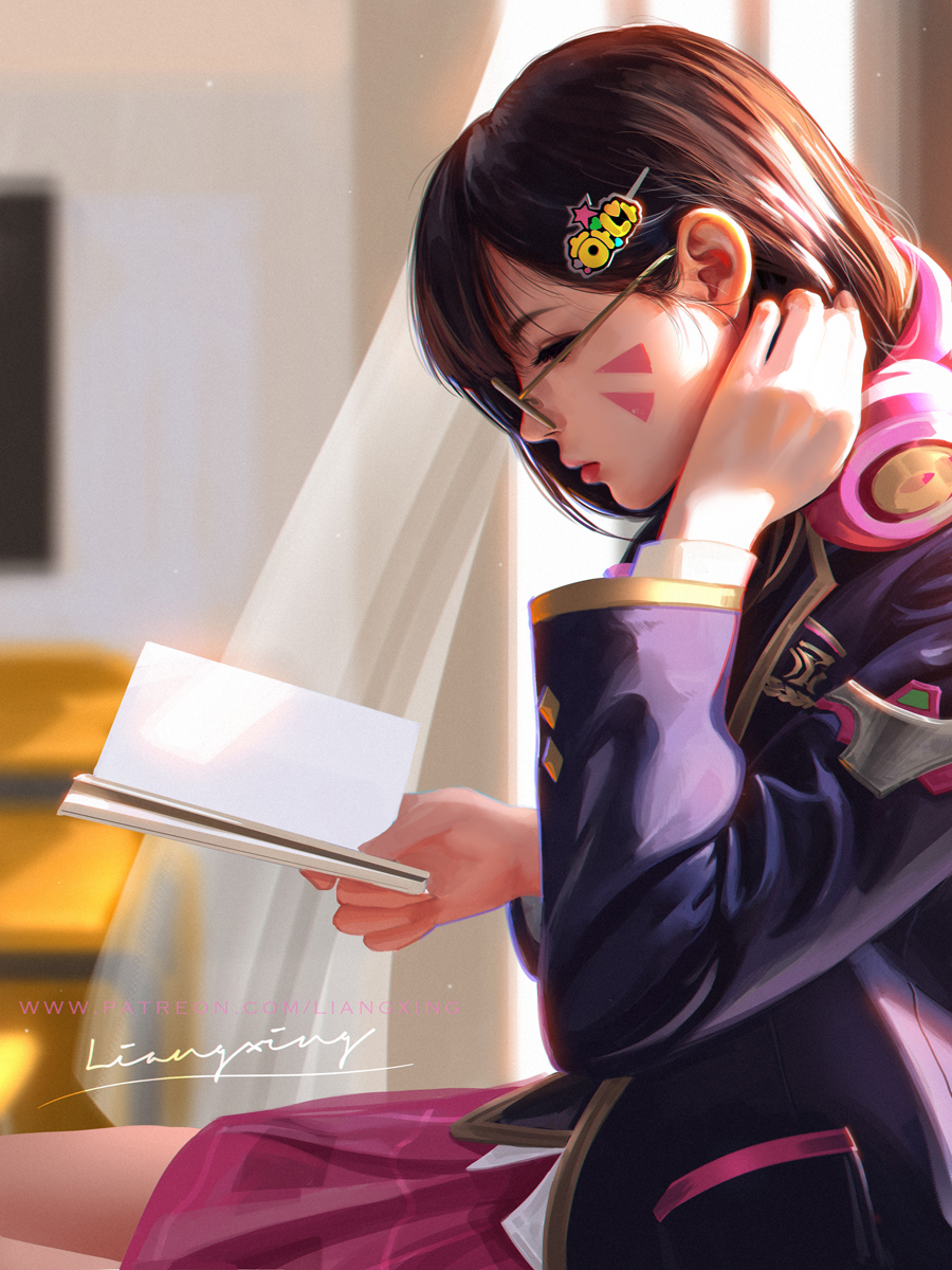 1girl academy_d.va alternate_costume alternate_hairstyle bespectacled black_hair blazer blurry blurry_background book closed_mouth d.va_(overwatch) day desk glasses hair_ornament headphones headphones_around_neck highres indoors jacket liang_xing lips long_hair open_book overwatch profile reading school_desk school_uniform sitting skirt solo whisker_markings wind