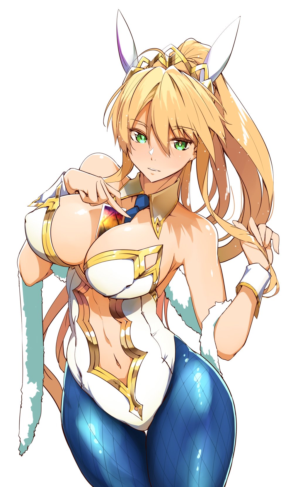 1girl animal_ears artoria_pendragon_(all) artoria_pendragon_(swimsuit_ruler)_(fate) bangs bare_shoulders between_breasts blonde_hair blue_legwear blush breasts bunnysuit card closed_mouth detached_collar fate/grand_order fate_(series) fishnet_pantyhose fishnets green_eyes hair_between_eyes highleg highleg_leotard highres large_breasts leotard long_hair looking_at_viewer navel navel_cutout necktie pantyhose ponytail rabbit_ears sidelocks simple_background solo tiara tokiwa_midori_(kyokutou_funamushi) white_background white_leotard wrist_cuffs