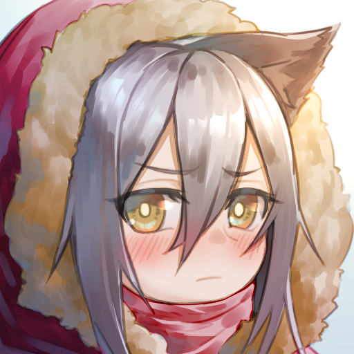 1girl animal_ear_fluff animal_ears arknights bangs blush brown_eyes chi_yei closed_mouth commentary_request eyebrows_visible_through_hair fur-trimmed_hood fur_trim grey_hair hair_between_eyes hood hood_up looking_at_viewer projekt_red_(arknights) red_scarf scarf solo