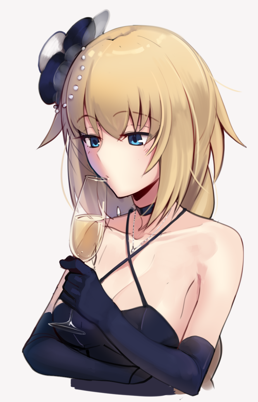 1girl alternate_costume bare_shoulders blonde_hair blue_eyes boa_(brianoa) braid champagne_flute choker collarbone cropped_torso crossed_arms cup drinking_glass elbow_gloves fate_(series) gloves highres jeanne_d'arc_(fate)_(all) jewelry long_hair necklace solo type-moon white_background